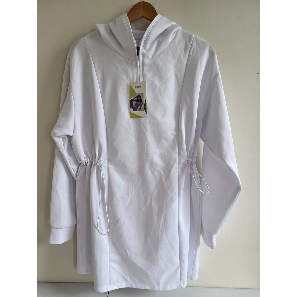 Halara White Quarter Zip Cinched Waist Hooded Athletic Dress Long Sleeve NWT